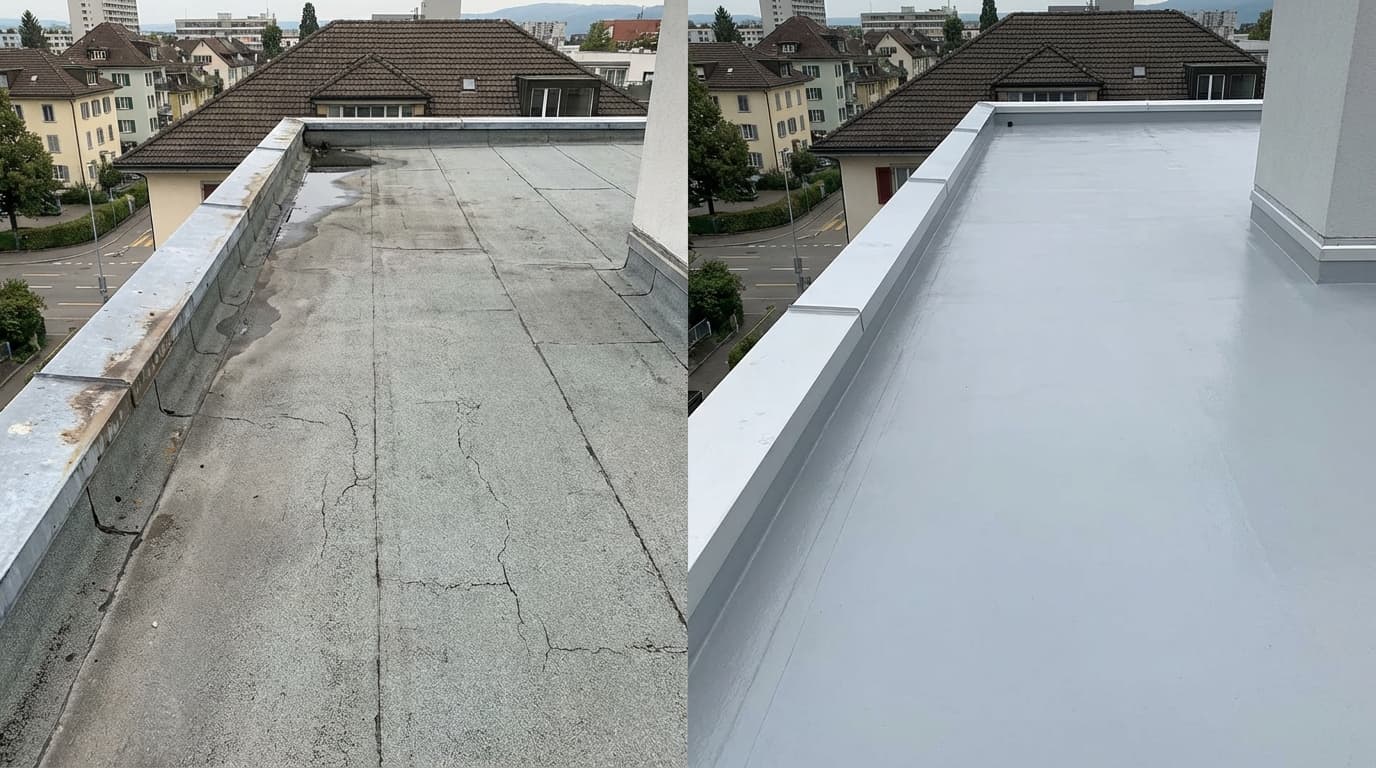 Vorher/Nachher Ansicht einer Flachdach-Sanierung
